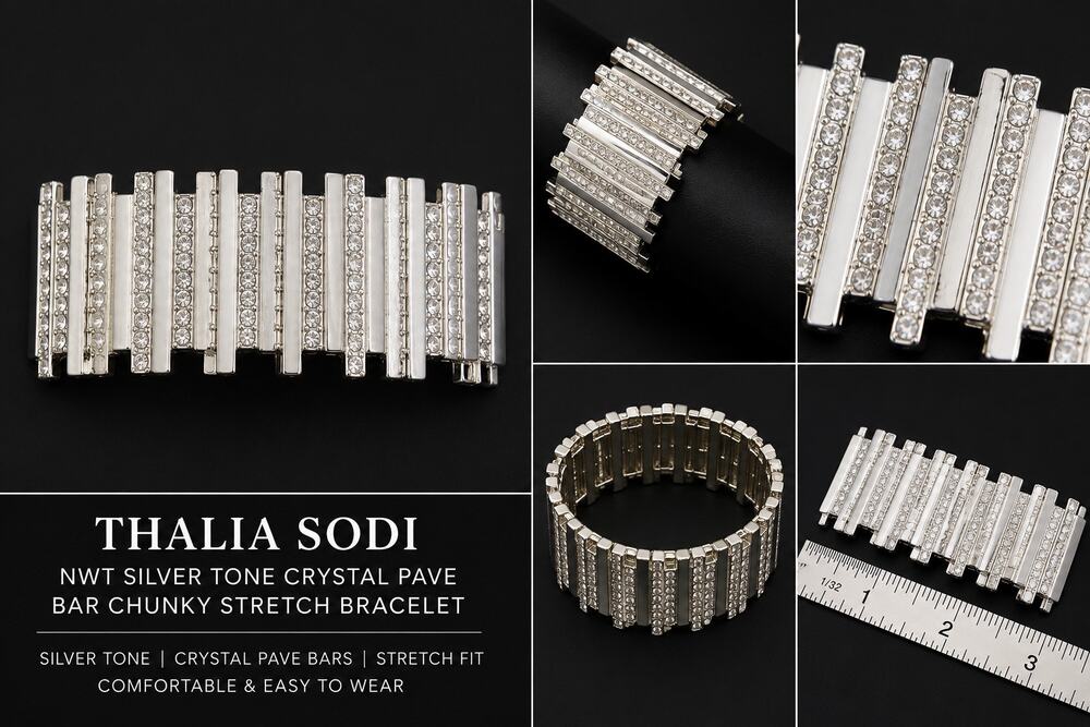 Thalia Sodi Silver Tone Crystal Pavé Bar Stretch Bracelet NWT Rhinestone Chunky